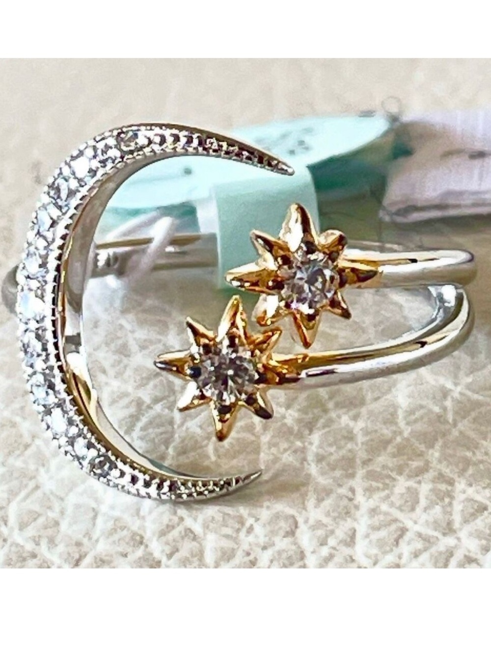 NWT Blue Sage .925 Sz 7 Sterling Silver & Gold Tone Crescent Moon & 2 Stars Ring